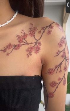 Blossom Shoulder Tattoo, Cherry Blossom Shoulder Tattoo, Tree Back Tattoo, Cherry Blossom Tattoo Shoulder, Shoulder Tattoo Designs, Floral Back Tattoos, Pretty Tattoos For Women