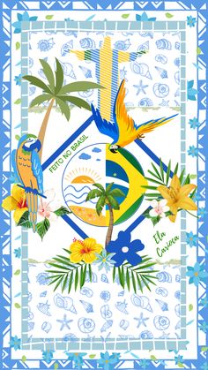 a blue and yellow scarf with birds, flowers, and palm trees on the border