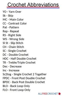 a list of crochet abbreviations for different types of crochet projects