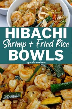 shrimp and fried rice bowls with zucchini, zucchini peppers and other vegetables