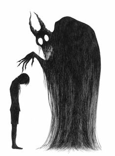 a black and white drawing of a man standing next to a monster with long hair