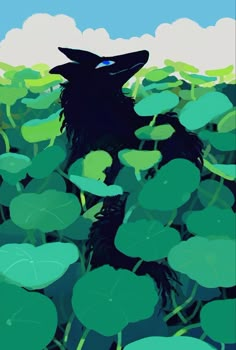 a painting of a black dog surrounded by water lilies and sky in the background