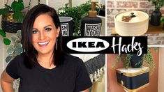 a woman standing in front of a shelf with potted plants and other items on it