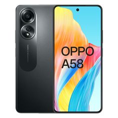 the new oppo a58 smartphone is shown in black, with an orange and blue background