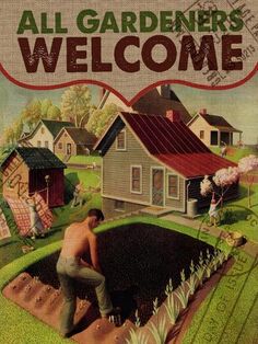 an old book cover shows a man digging in the ground with his dog and house behind him