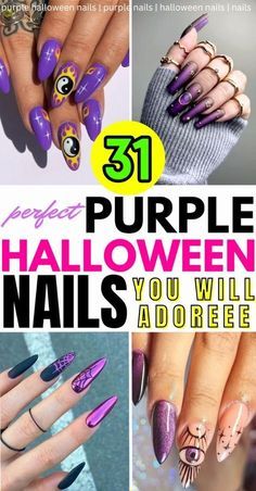 Purple Black Nails Halloween, October Nails Ideas Purple, Purple Sparkle Halloween Nails, Plum Halloween Nails, Deep Purple Halloween Nails, Purple Halloween Nail Art, Purple Spiderweb Nails, Purple And Orange Nails Acrylic, Purple Chrome Halloween Nails