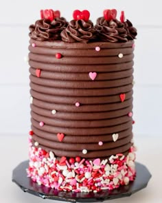 a chocolate cake with sprinkles and hearts on it