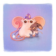 a drawing of a mouse with a hat on it's head holding a rat