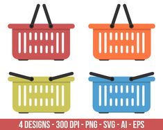 four colorful shopping baskets with black handles on each side and the words 4 designs - 300p