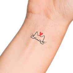 Cat Outline Heart Small Wrist Temporary Tattoo - Etsy Cat Finger Tattoos For Women, Black Cat Finger Tattoo, Cat And Heart Tattoo, Jasper Tattoo, Tattoo Gato, Cat Outline Tattoo, Kitten Tattoo, Kitty Tattoo, Heaven Tattoos