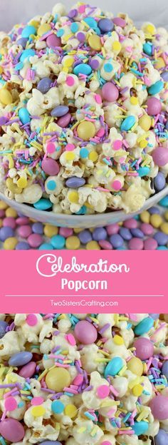 a plate full of popcorn covered in sprinkles and candy corn with the words celebration popcorn on it