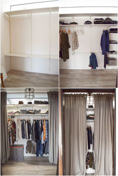 four pictures show the inside of a closet with clothes hanging on racks and open curtains