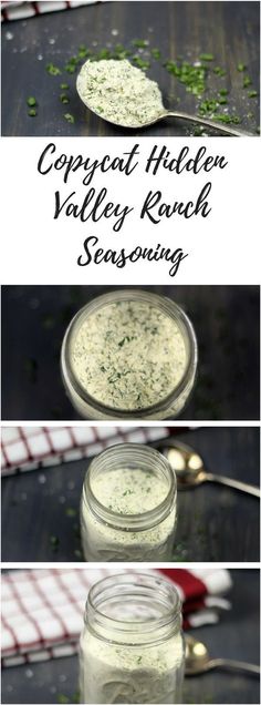 three different views of food in jars with spoons on the side and another photo showing what it looks like