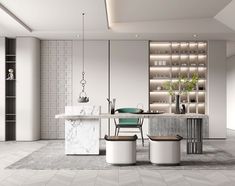 a modern kitchen with marble counter tops and stools next to a dining room table