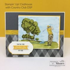 a card with a man playing golf in the background and text that reads stampin'up clubhouse with country club dsp?