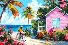 two people riding bicycles on a tropical beach with pink houses and palm trees in the background