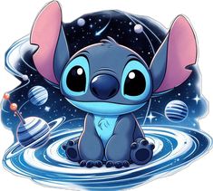 an image of a cartoon character sitting in the water with planets and stars behind it