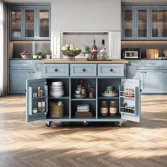 a kitchen with blue cabinets and wooden floors