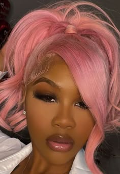 Lace Front Wig Virgin Human Hair Brown and Blonde 150%Density Medium Cap 16" Blonde Wig Bangs, Light Pink Wigs For Black Women, Pink And Blonde Hair Black Women, Pink Wig Styles, Pink Hair On Brown Skin, Hair Brown And Blonde, Pink Wigs For Black Women, Pink Hair Hairstyles, Brown And Pink Hair