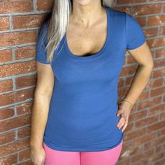 Wear Alone Or As A Layering Piece 95% Cotton, 5% Spandex Questions? Leave A Comment Below! Blue Fitted Workout T-shirt, Blue Athleisure T-shirt For Everyday, Fitted Seamless Blue Top, Fitted Blue T-shirt With Scoop Neck, Basic Blue Workout T-shirt, Basic Stretch Blue Tops, Basic Blue Stretch Tops, Blue Athleisure Tops For Everyday, Fitted Blue T-shirt For Workout