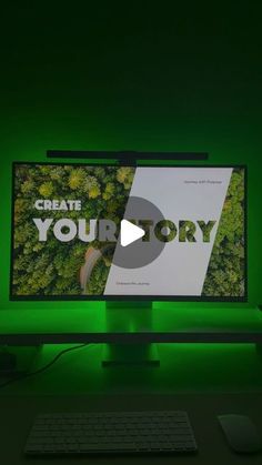 a computer screen with the words create your story on it in front of a keyboard and mouse