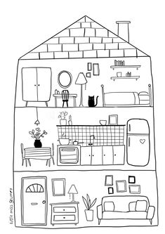 a black and white drawing of a living room