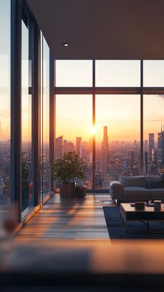 a living room filled with furniture and large windows overlooking the city at sunset or dawn