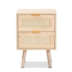 a wooden nightstand with two drawers on one side and an open drawer on the other