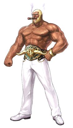 an image of a man in white pants and gold belt with his hand on his hip