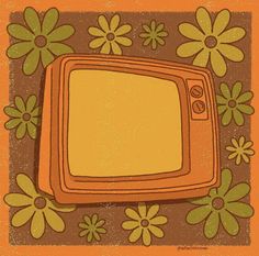 an old tv surrounded by flowers and daisies in brown, orange and yellow colors