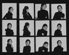 nine black and white photos of women in different poses, with one woman talking on the phone