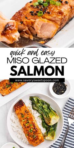 salmon and rice on a plate with text overlay that reads quick and easy miso glazed salmon