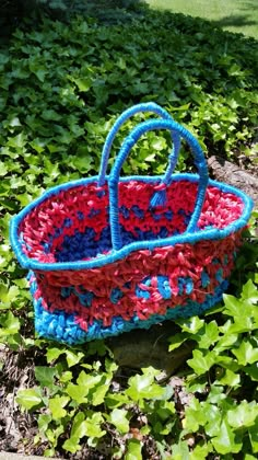 a crocheted basket sitting on the ground next to some green grass and plants