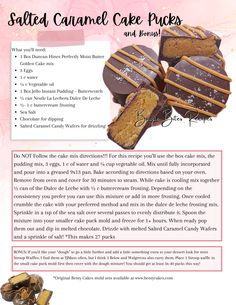 the recipe for salted caramel cake packs is shown in an advertisement with text