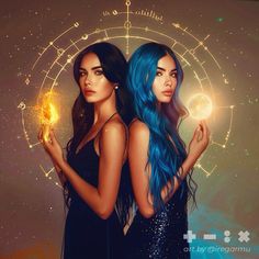 two beautiful women with blue hair holding a ball in front of an astrological circle