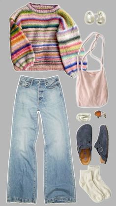 an assortment of clothing and accessories including shoes, sweaters, slippers and socks