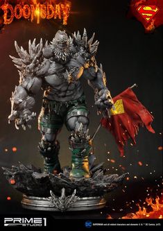 the action figure is displayed in front of a dark background with fire and flames around it