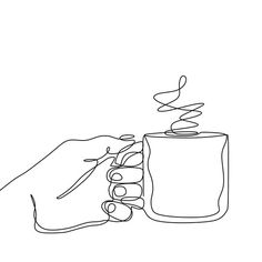 a hand holding a coffee mug with steam coming out of the top and on it