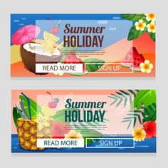 two horizontal banners for summer holidays with pineapples, coconuts and umbrellas