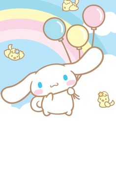 a cartoon bunny holding balloons in the sky with other animals flying around it and some clouds