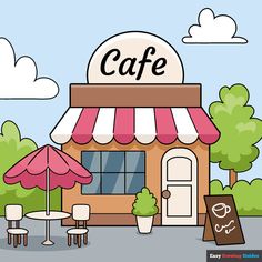 the front of a cafe with tables and umbrellas