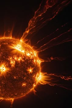 an image of the sun taken from space with flares and rays around it in bright orange colors