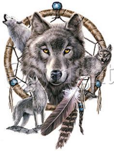 an image of a wolf and two cubs in a dream catcher with feathers on it