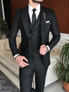 3 Piece Suit Men, Groom Suit Black, Blazer Waistcoat, Peak Lapel Suit, Dublin Wedding, Blazer Outfits Men