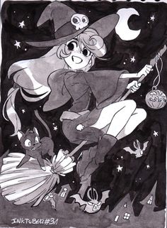 a drawing of a witch flying through the night sky with her broom and hat on