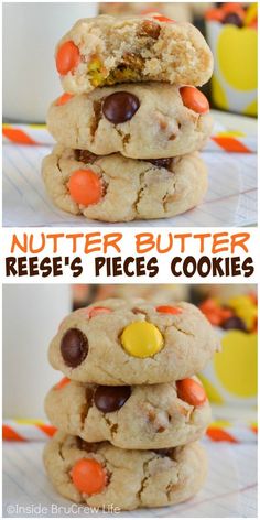 peanut butter reese's pieces cookies are stacked on top of each other with candy