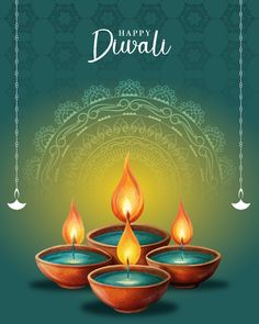 happy diwali greeting card with three lit candles