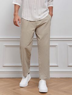 Khaki Casual Collar  Woven Fabric Plain Straight Leg Embellished Non-Stretch  Men Clothing Khaki Pants For Men, Mens Trousers Outfit, Straight Pants Men, Men Pants Style, Beige Trousers Outfit Men, Ankle Pants Outfit Men, Pants Design For Men, Ankle Pants Outfit, Trousers Outfit Men