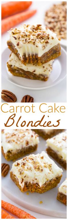 carrot cake blondies with cream cheese frosting and pecans in the middle on a white plate