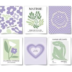 six different greeting cards with flowers and hearts on them, all in shades of lavender